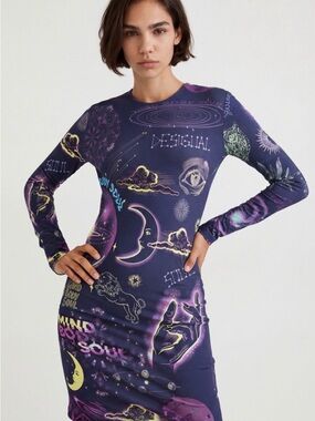 Desigual Purple Celestial-Print Long Sleeve Bodycon Dress